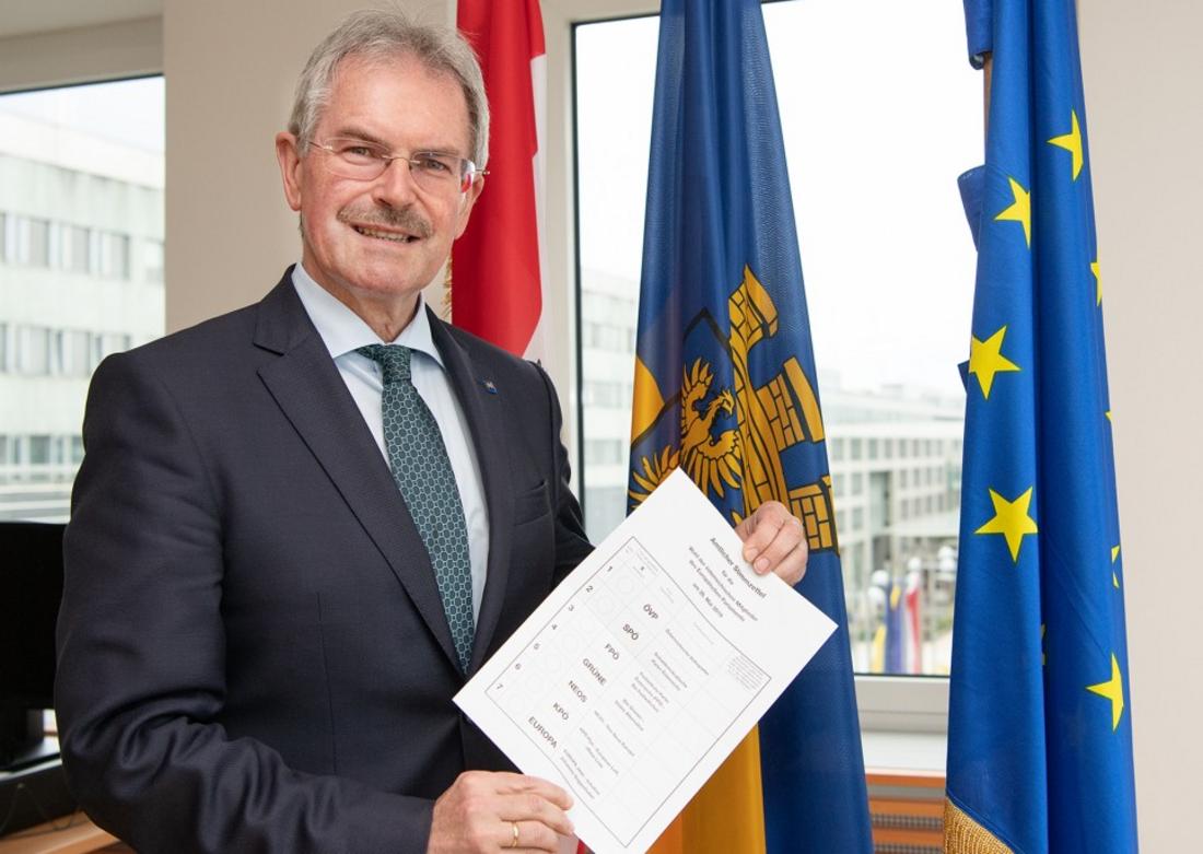 Präsident Karl Wilfing präsentiert den amtlichen Stimmzettel für die EU-Wahl 2019