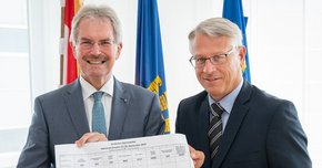 Präsident K. Wilfing und P. Anerinhof, Leiter der Abteilung Wahlen, präsentieren den amtlichen Stimmzettel.